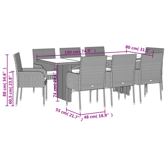 Set mobilier grădină cu perne, 9 piese, gri, poliratan WALTI