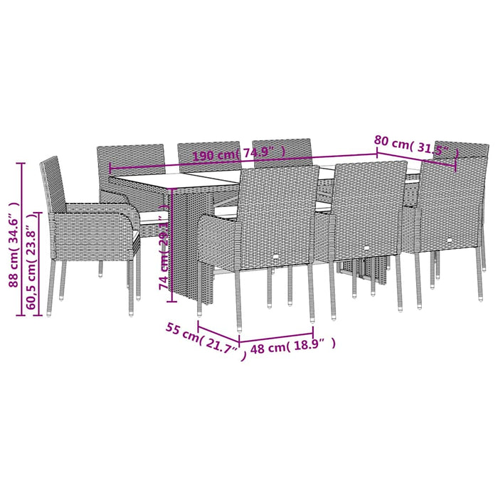 Set mobilier de grădină cu perne, 9 piese, negru, poliratan - WALTI WALTI