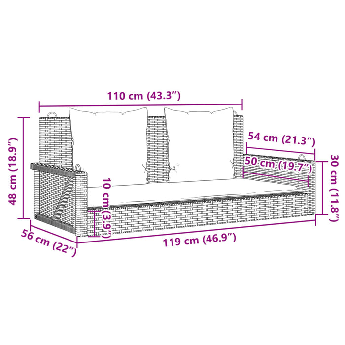 Bancă de balansoar cu perne, maro, 119x56x48 cm, poliratan - WALTI WALTI