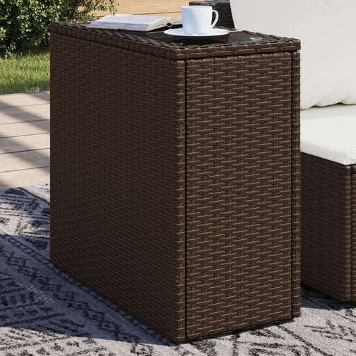 Masă laterală grădină, blat sticlă, maro 58x27,5x55cm poliratan - WALTI WALTI
