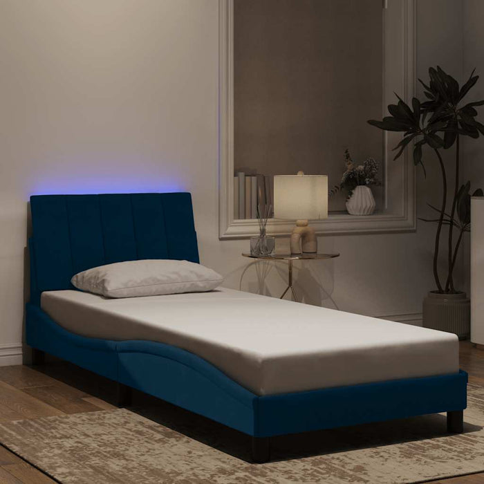 Cadru de pat cu LED fără saltea, Hanko, albastru, 90x190 cm, catifea WALTI