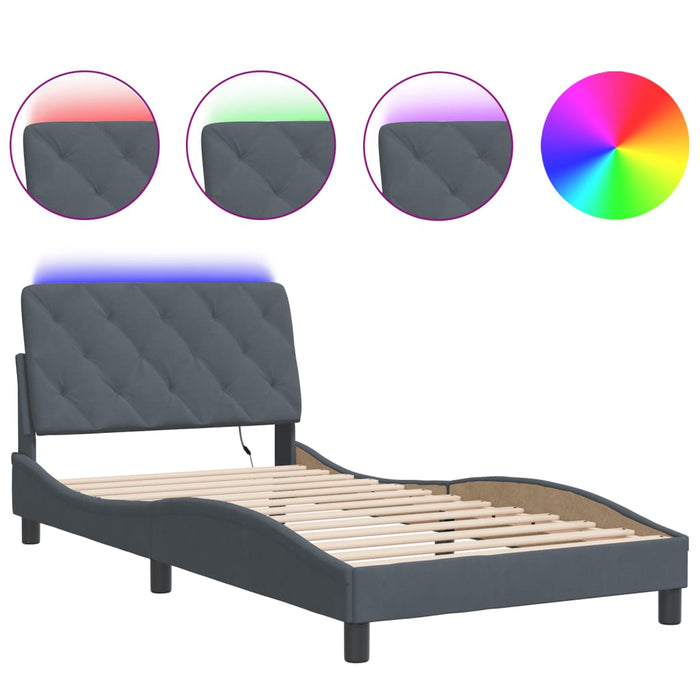 Cadru de pat cu LED fără saltea, gri închis, 100x200 cm, catifea WALTI