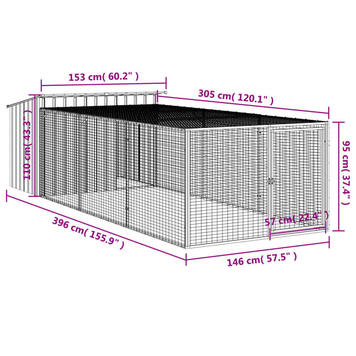 Cușcă câine cu țarc antracit 153x396x110 cm oțel galvanizat - WALTI WALTI