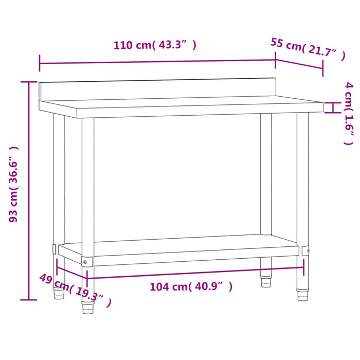 Masă de lucru bucătărie bordură antistropire 110x55x93 cm oțel - WALTI WALTI