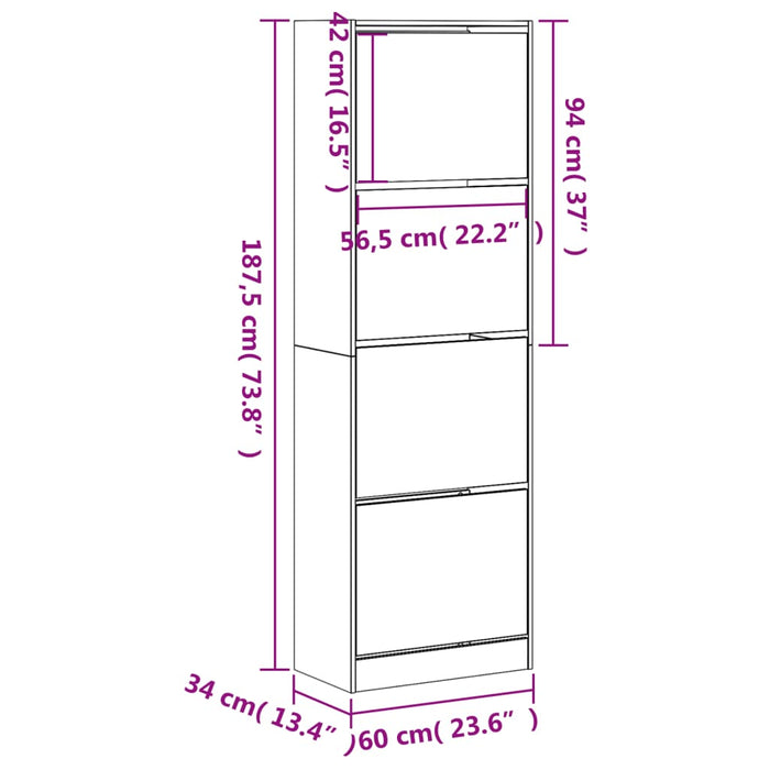 Dulap de pantofi cu 4 sertare rabatabile, alb, 60x34x187,5 cm - WALTI WALTI