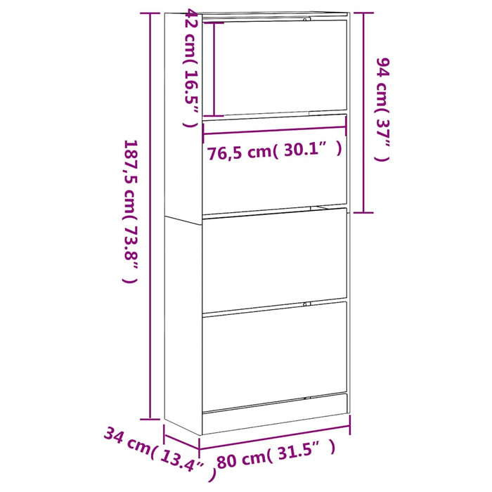 Pantofar cu 4 sertare rabatabile, stejar fumuriu, 80x34x187,5cm WALTI
