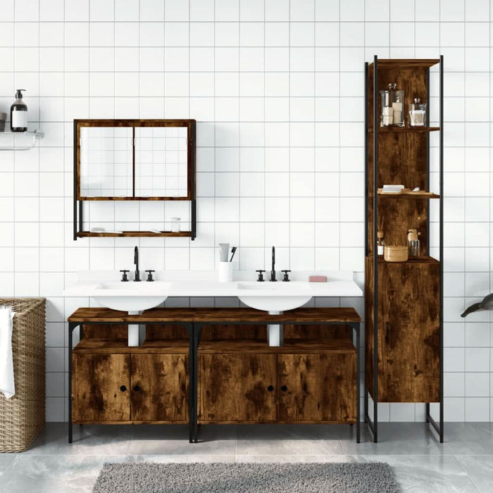 Set mobilier de baie, 4 piese, stejar fumuriu, lemn prelucrat - WALTI WALTI