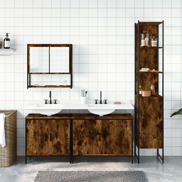 Set mobilier de baie, 4 piese, stejar fumuriu, lemn prelucrat - WALTI WALTI