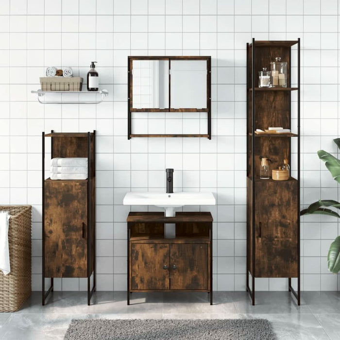 Set mobilier de baie, 4 piese, stejar fumuriu, lemn prelucrat - WALTI WALTI