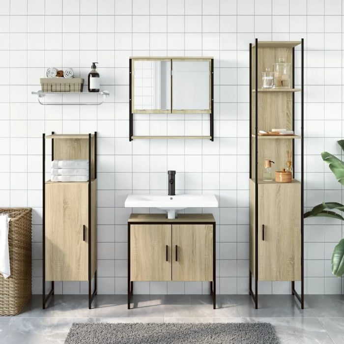 Set mobilier de baie, 4 piese, stejar fumuriu, lemn prelucrat - WALTI WALTI