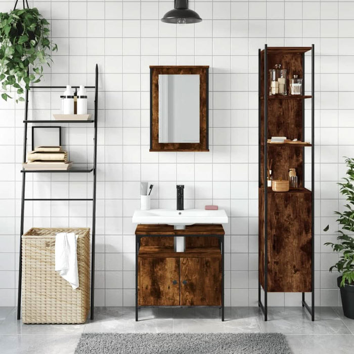 Set mobilier de baie, 3 piese, stejar fumuriu, lemn prelucrat - WALTI WALTI