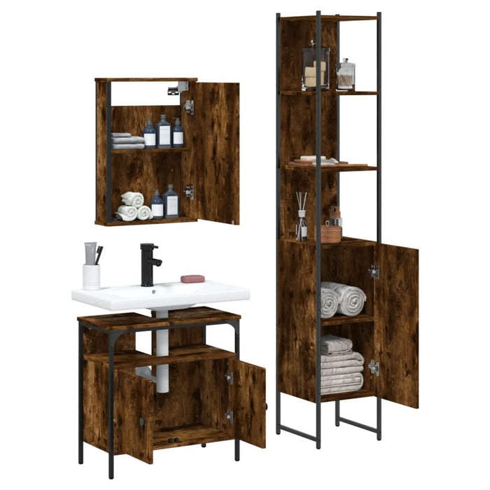 Set mobilier de baie, 3 piese, stejar fumuriu, lemn prelucrat - WALTI WALTI