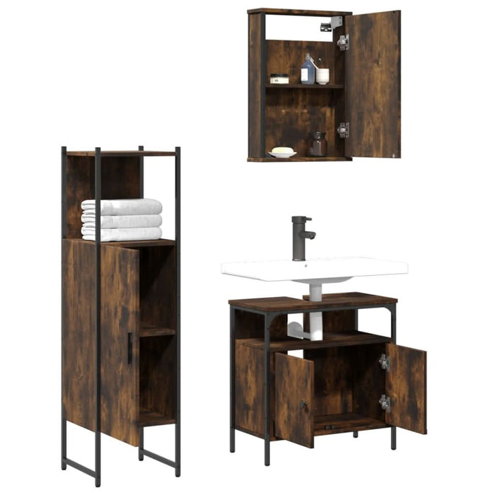 Set mobilier de baie, 3 piese, stejar fumuriu, lemn prelucrat - WALTI WALTI