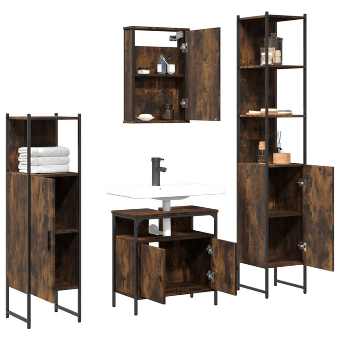 Set mobilier de baie, 4 piese, stejar fumuriu, lemn prelucrat - WALTI WALTI