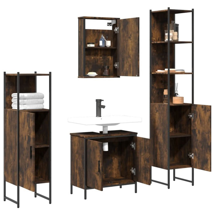 Set mobilier de baie, 4 piese, stejar fumuriu, lemn prelucrat - WALTI WALTI