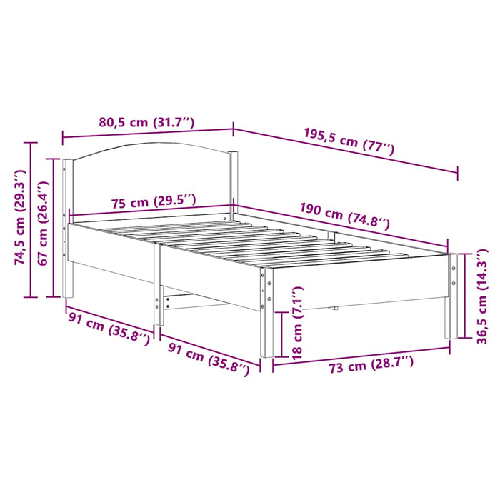 Cadru pat fără saltea, maro ceruit, 75x190 cm, lemn masiv pin WALTI