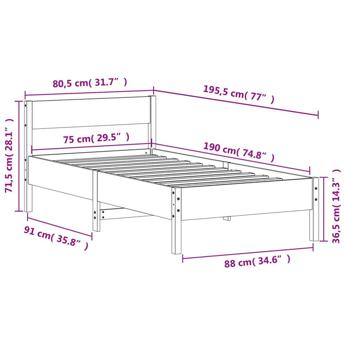 Cadru de pat fără saltea, alb, 75x190 cm, lemn masiv de pin - WALTI WALTI