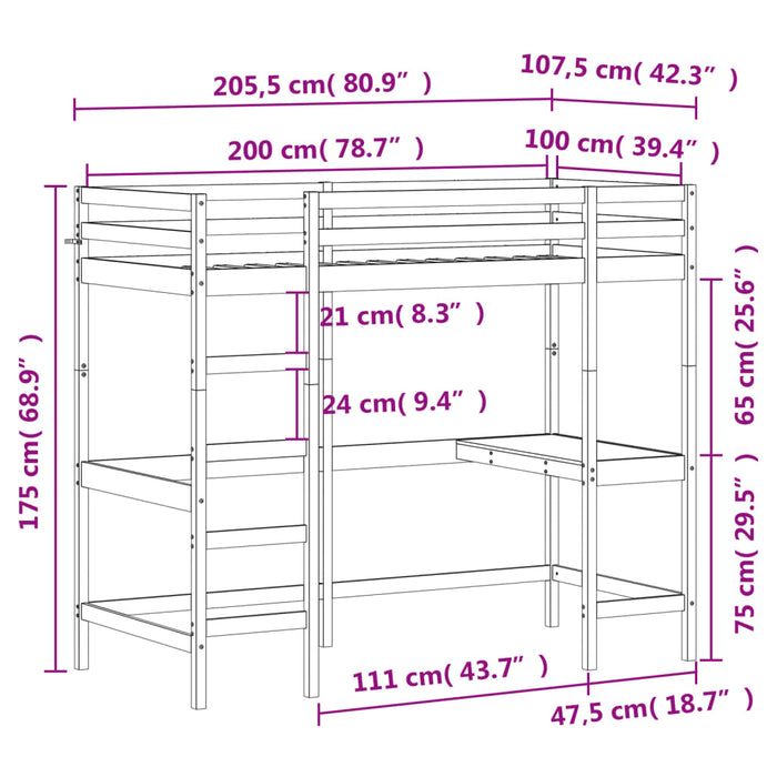 Cadru pat supraetajat cu birou, 100x200 cm, lemn masiv de pin - WALTI WALTI