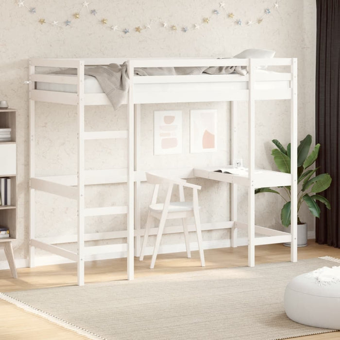 Cadru pat supraetajat cu birou, alb, 90x200 cm, lemn masiv pin - WALTI WALTI