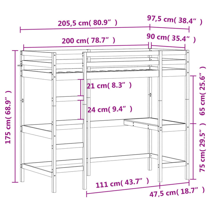 Cadru pat supraetajat cu birou, maro, 90x200 cm, lemn masiv pin - WALTI WALTI