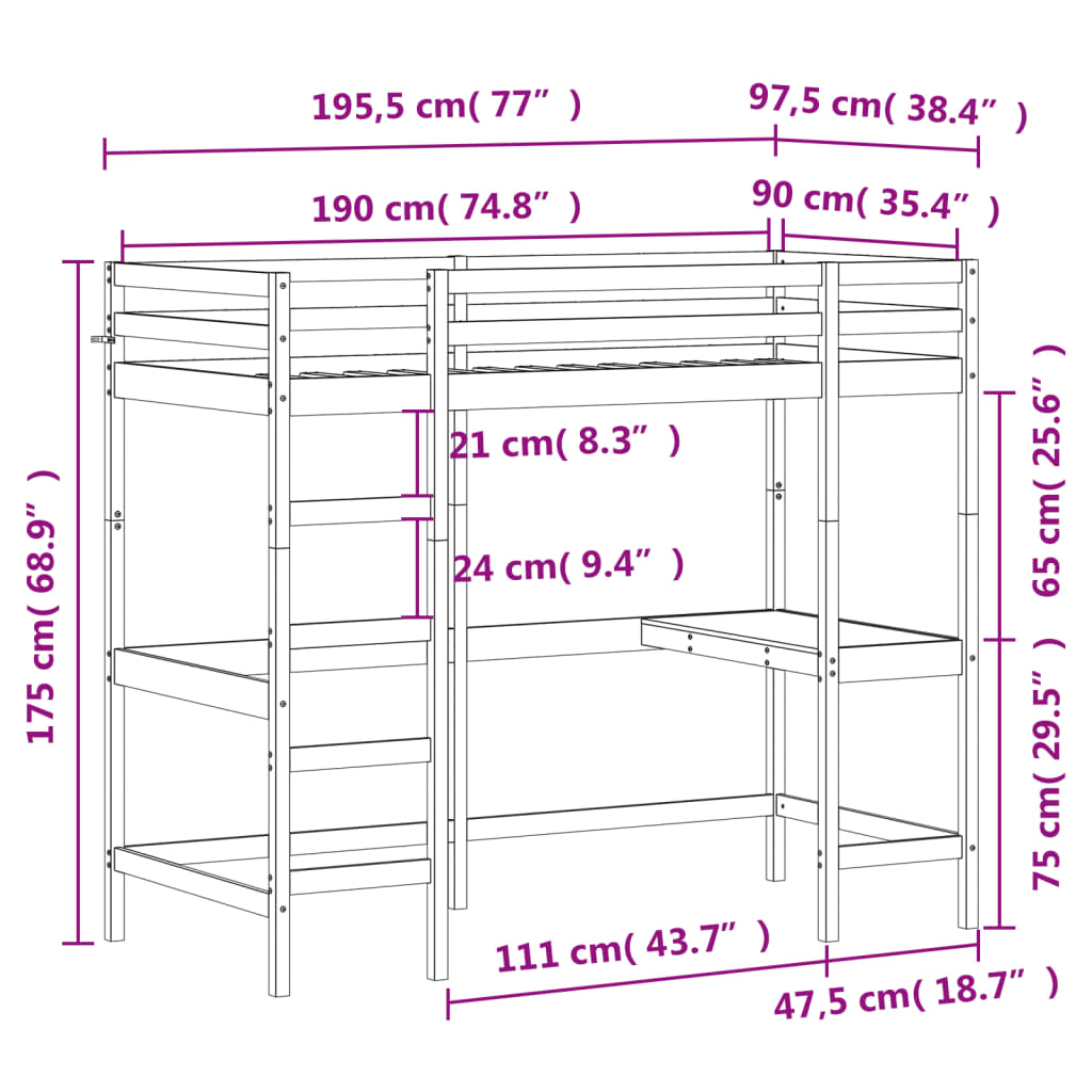 Cadru pat supraetajat cu birou, alb, 90x190 cm, lemn masiv pin - WALTI