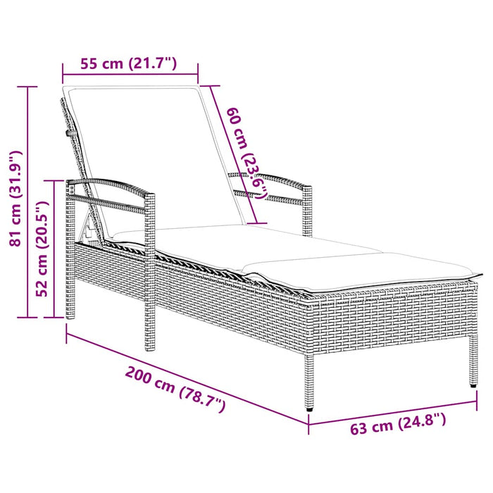 Șezlong cu pernă gri 63x200x81 cm, poliratan (doar SUA) - WALTI WALTI