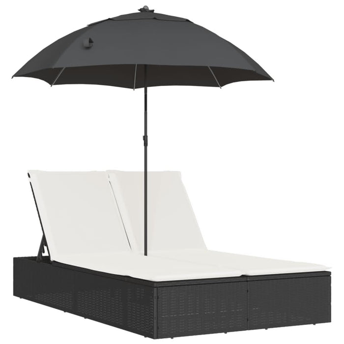 Șezlong dublu cu perne/umbrelă de soare, negru, poliratan - WALTI WALTI