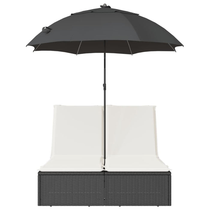 Șezlong dublu cu perne/umbrelă de soare, negru, poliratan - WALTI WALTI