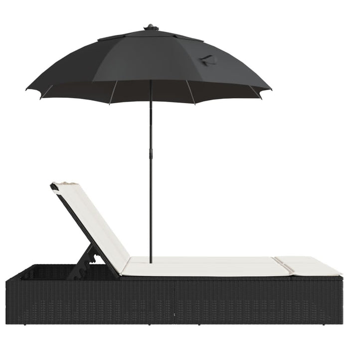Șezlong dublu cu perne/umbrelă de soare, negru, poliratan - WALTI WALTI