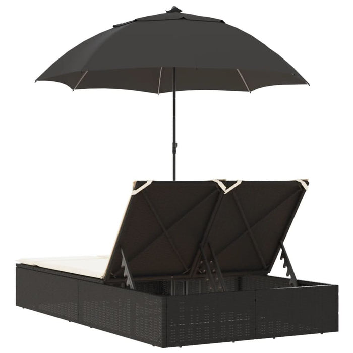 Șezlong dublu cu perne/umbrelă de soare, negru, poliratan - WALTI WALTI