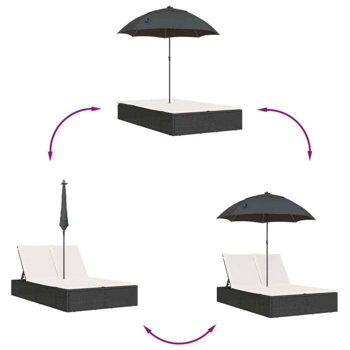 Șezlong dublu cu perne/umbrelă de soare, negru, poliratan - WALTI WALTI