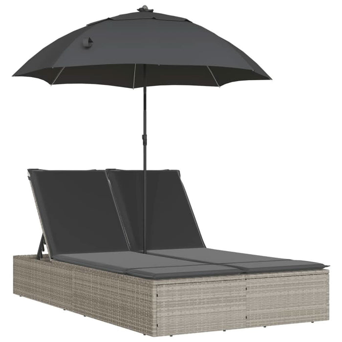 Șezlong dublu cu perne/umbrelă de soare, gri deschis, poliratan - WALTI WALTI