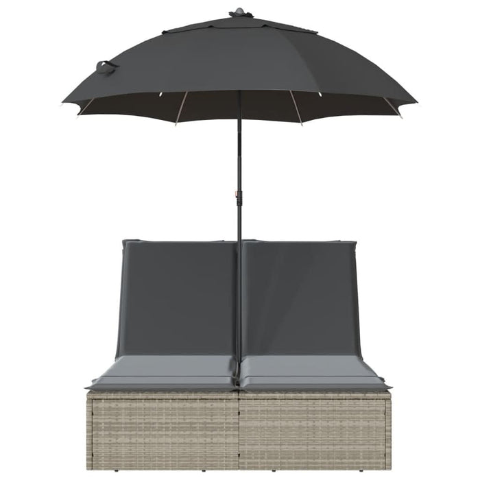 Șezlong dublu cu perne/umbrelă de soare, gri deschis, poliratan - WALTI WALTI