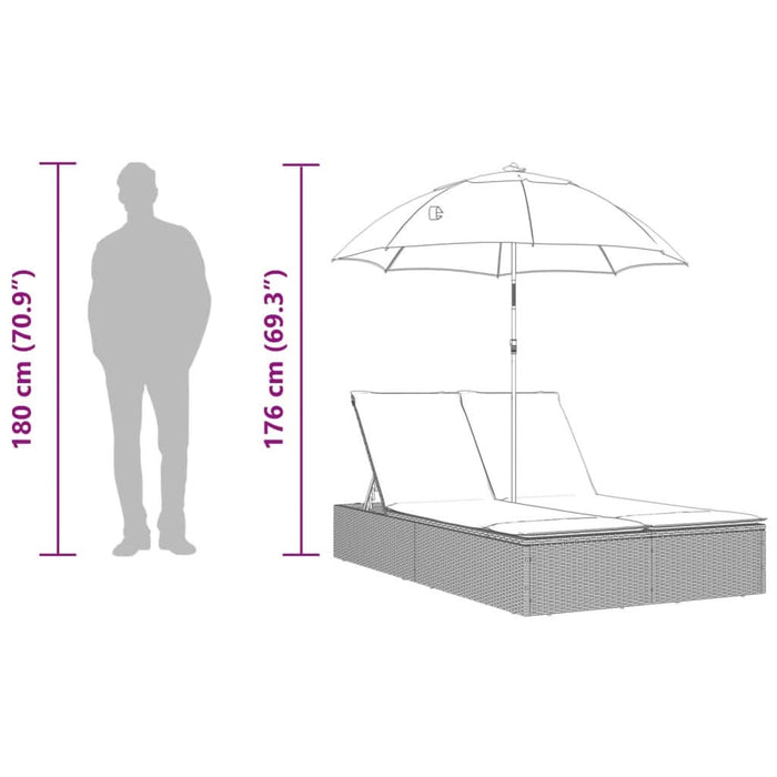 Șezlong dublu cu perne/umbrelă de soare, gri deschis, poliratan - WALTI WALTI