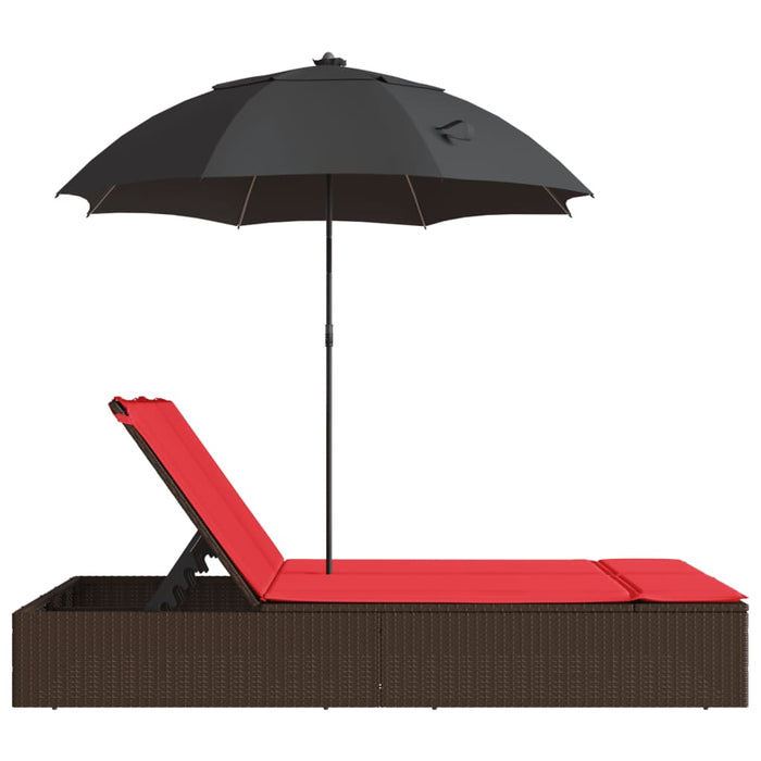 Șezlong dublu cu perne/umbrelă de soare, maro, poliratan - WALTI WALTI
