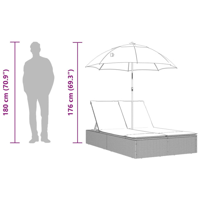 Șezlong dublu cu perne/umbrelă de soare, maro, poliratan - WALTI WALTI