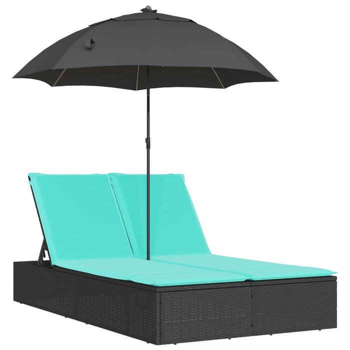 Șezlong dublu cu perne/umbrelă de soare, negru, poliratan WALTI