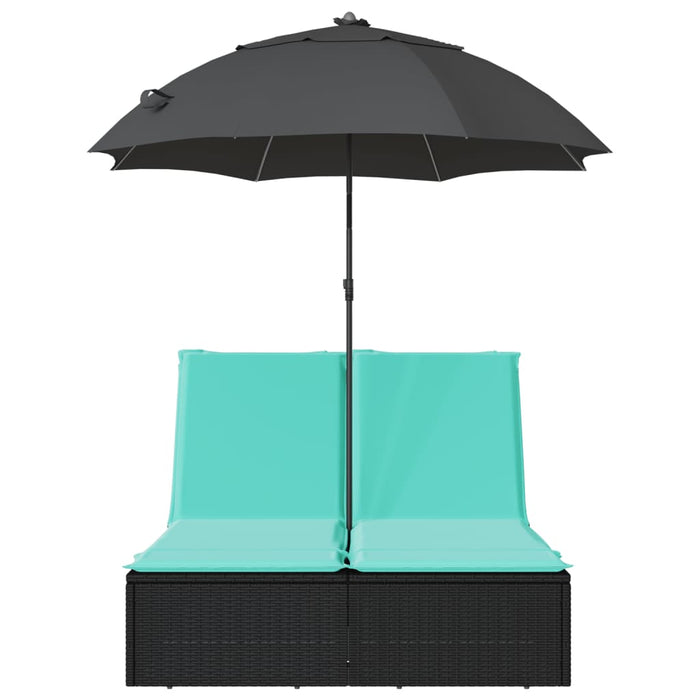 Șezlong dublu cu perne/umbrelă de soare, negru, poliratan WALTI