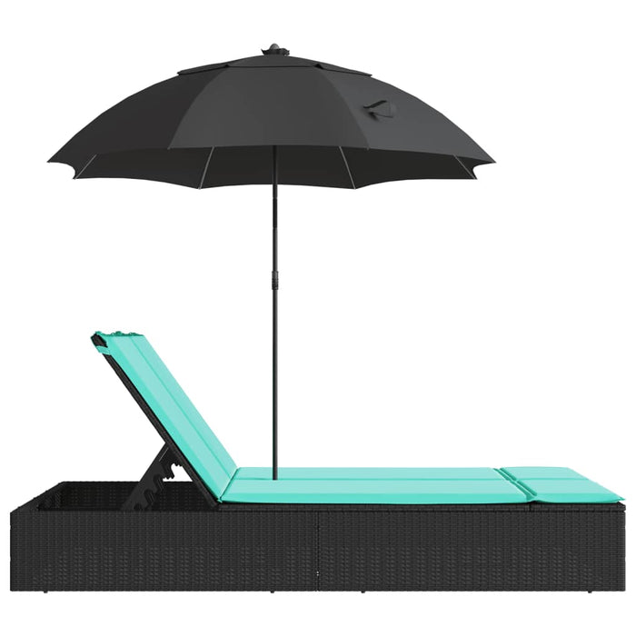 Șezlong dublu cu perne/umbrelă de soare, negru, poliratan WALTI
