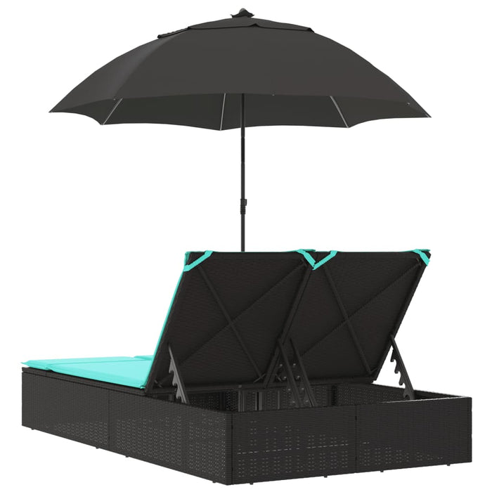 Șezlong dublu cu perne/umbrelă de soare, negru, poliratan WALTI