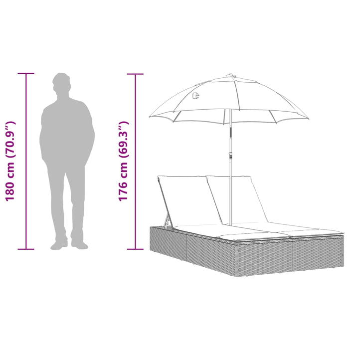 Șezlong dublu cu perne/umbrelă de soare, negru, poliratan WALTI