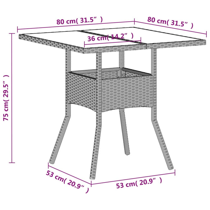 Masă grădină blat din sticlă gri deschis 80x80x75 cm poliratan - WALTI WALTI