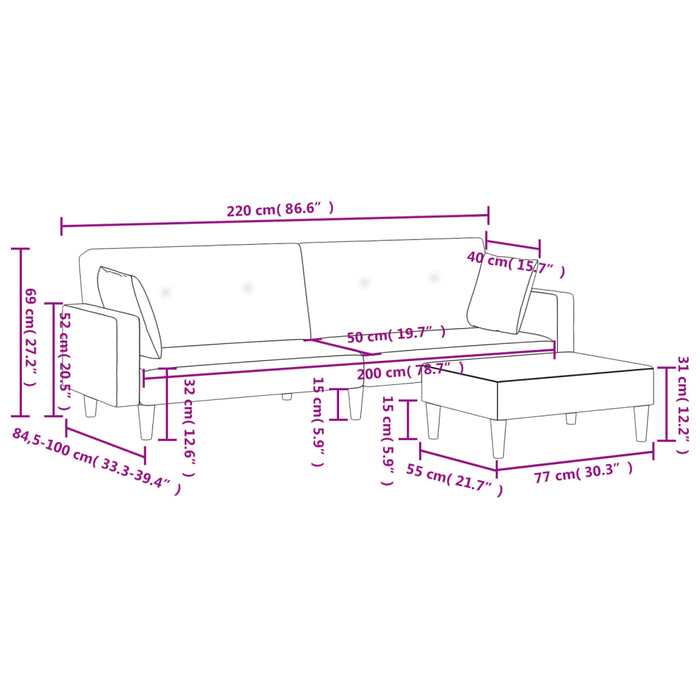 Canapea extensibilă cu taburet, 2 locuri, gri deschis, textil - WALTI WALTI