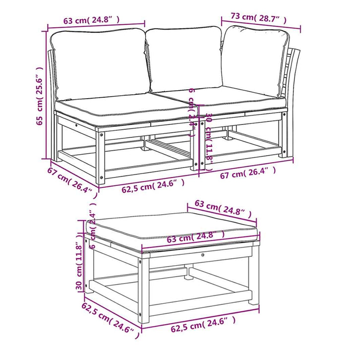 Set mobilier de grădină cu perne, 3 piese, lemn masiv acacia WALTI