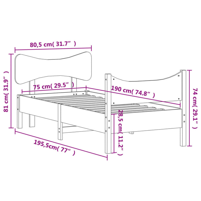 Cadru pat fără saltea, maro ceruit, 75x190 cm, lemn masiv pin - WALTI WALTI