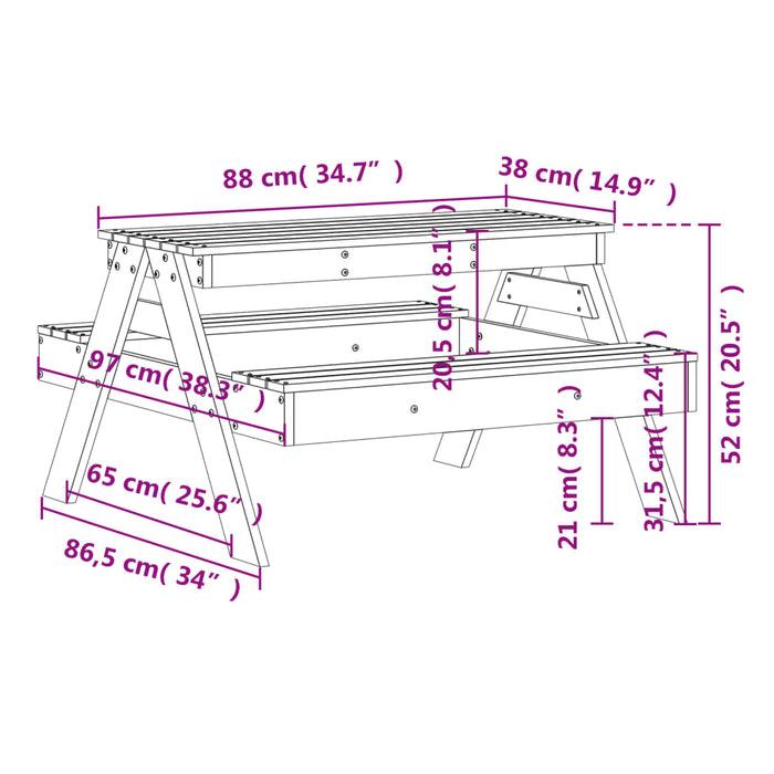 Masă de picnic pentru copii, 88x97x52 cm, lemn masiv de pin - WALTI WALTI