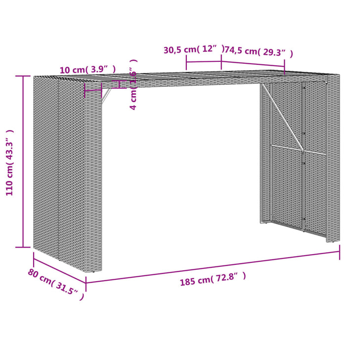 Masă bar grădină, blat lemn acacia, gri 185x80x110 cm poliratan WALTI