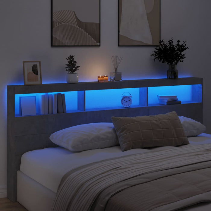 Tăblie de pat cu dulap și LED, gri beton, 220x17x102 cm - WALTI WALTI