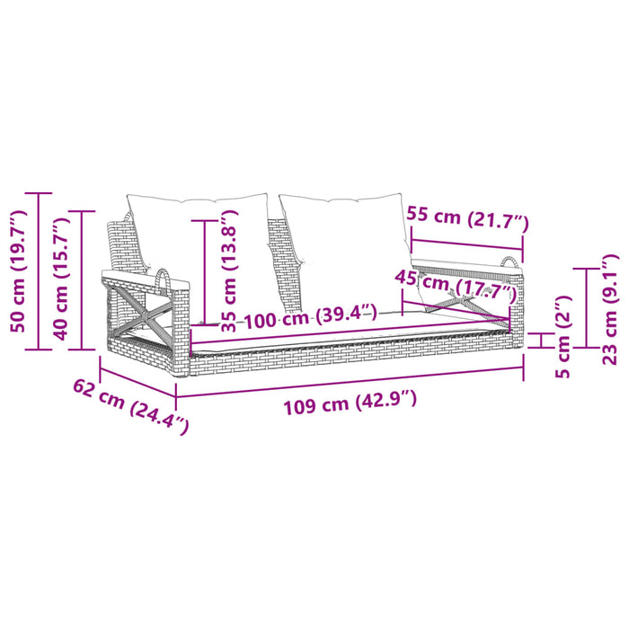 Bancă de balansoar cu perne, gri, 109x62x40 cm, poliratan - WALTI WALTI