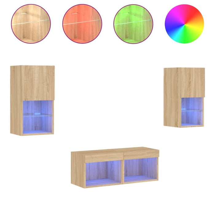 Comode TV de perete cu lumini LED, 4 piese, stejar sonoma - WALTI WALTI